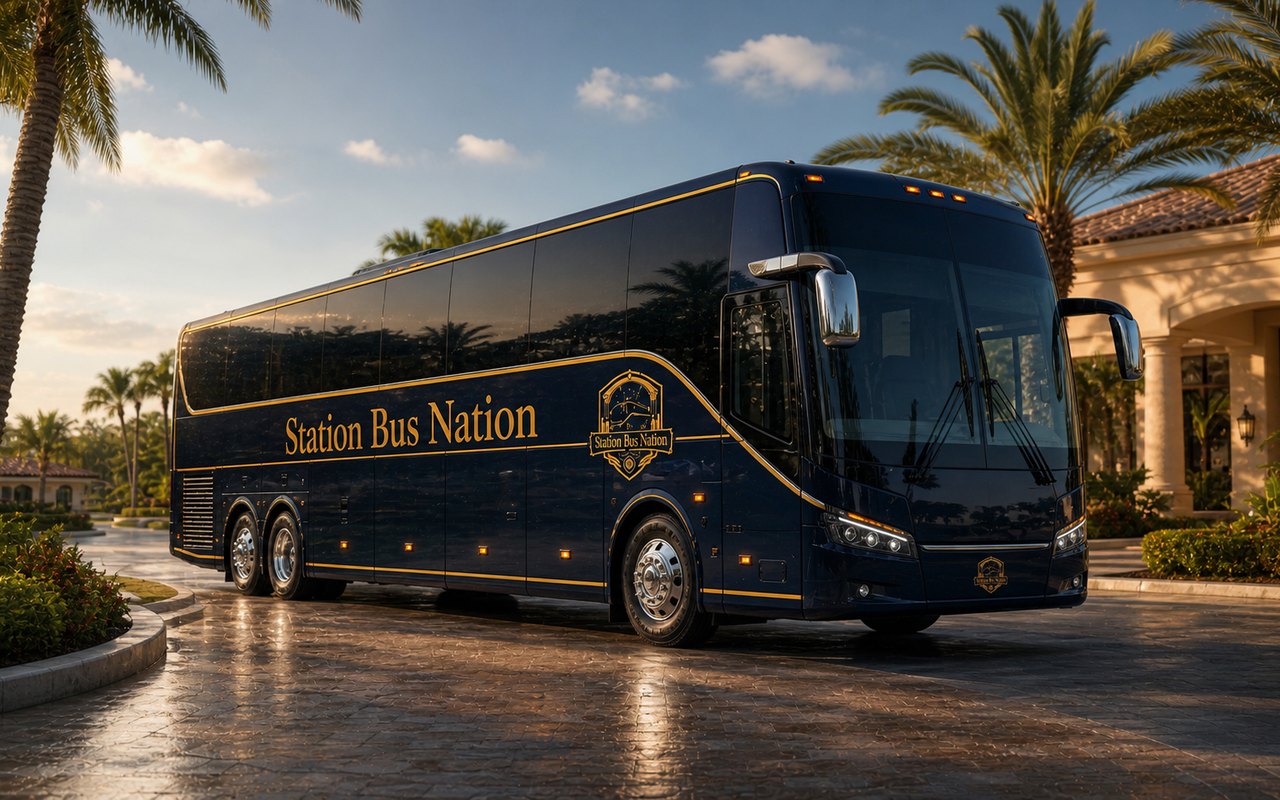 Station Bus Nation coach beside palms