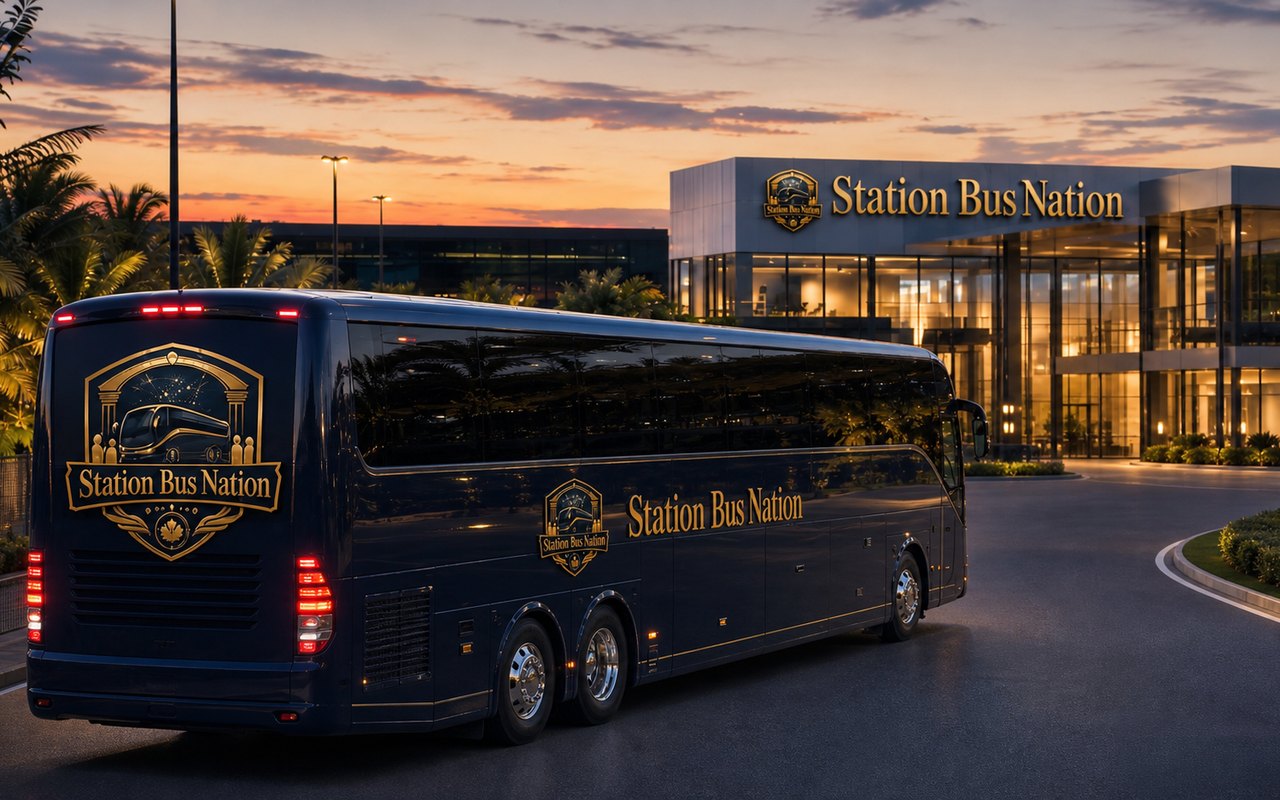 Station Bus Nation coach at the terminal at dusk