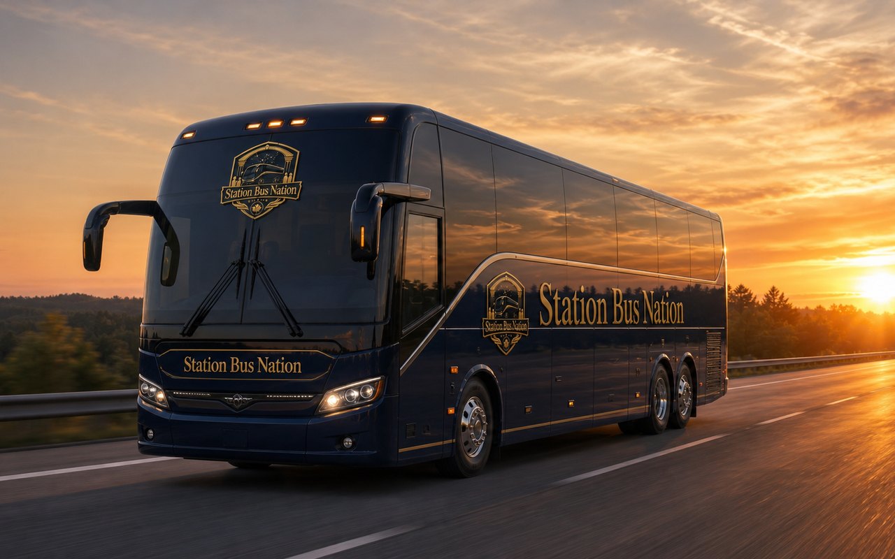 Station Bus Nation coach on the highway at sunset