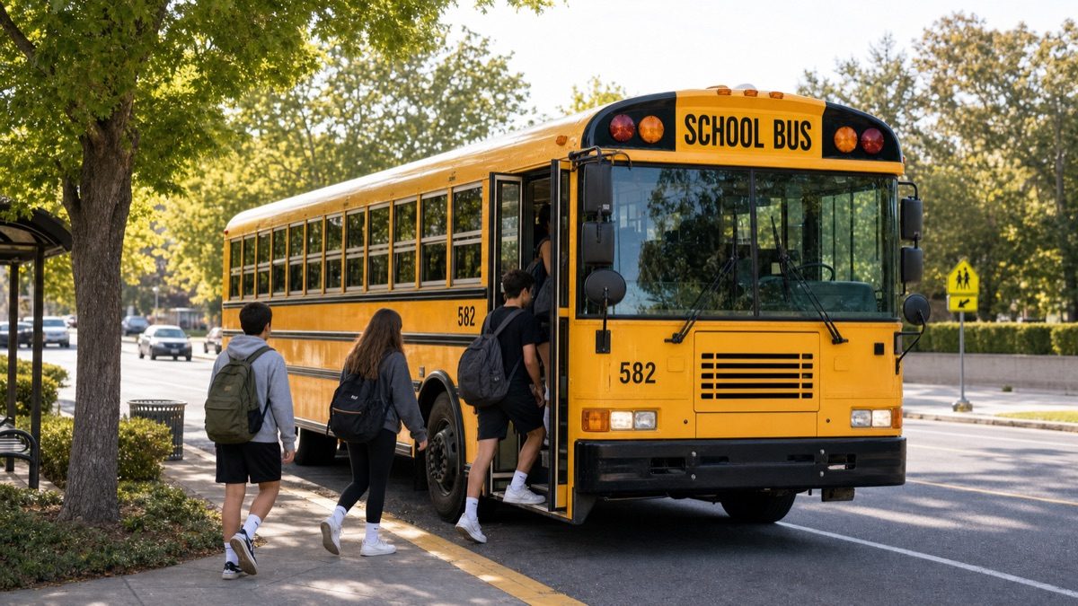 Students walking along the side of a stopped school bus to board through the front door
