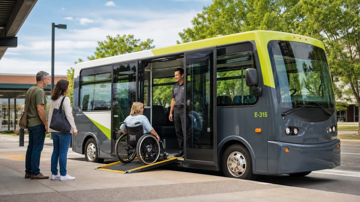 A rider using a wheelchair boarding a low-floor transit bus by its deployed ramp while the operator assists